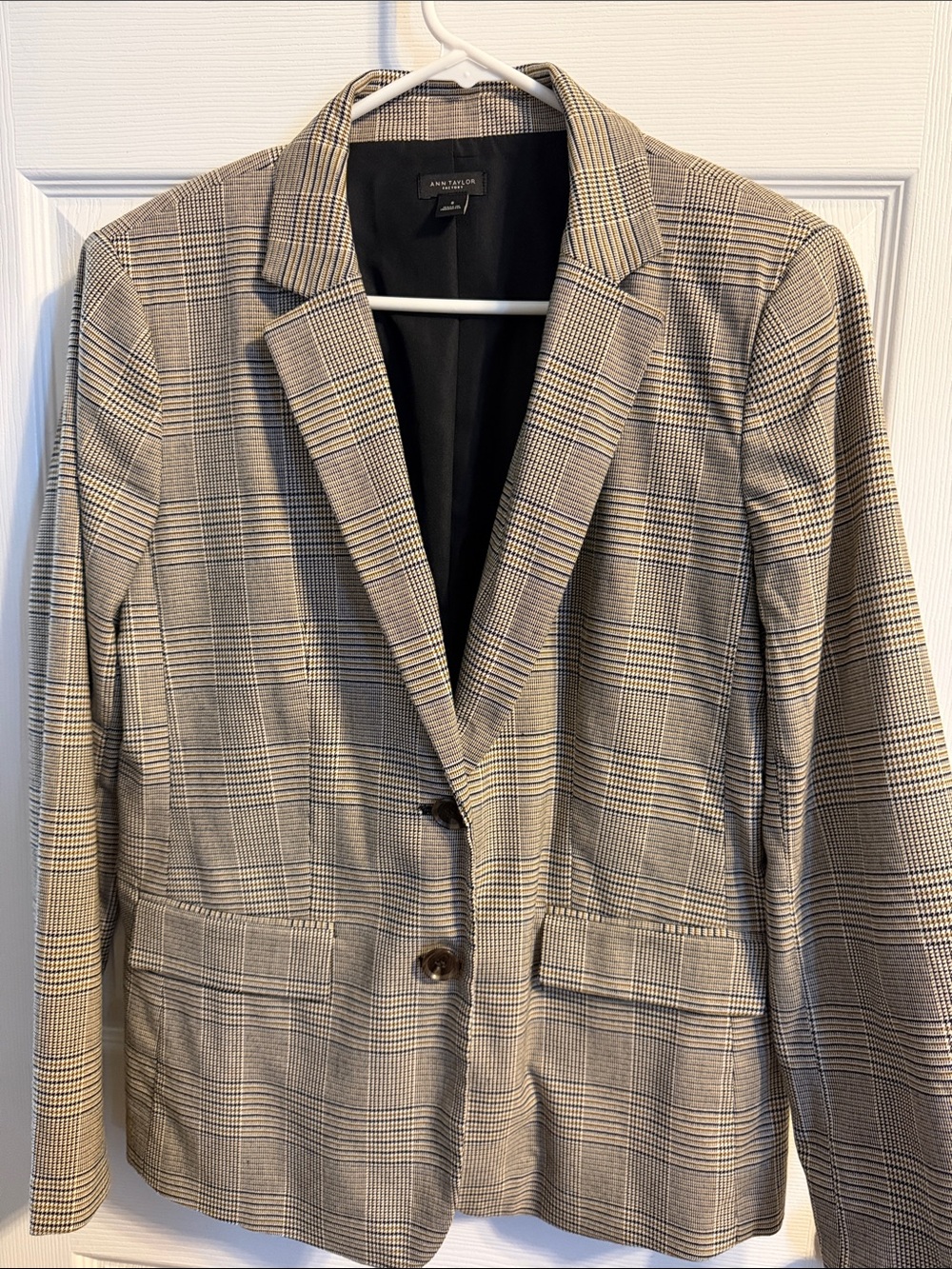 Ann Taylor Factory Plaid Single-Button Blazer in Beige and Black